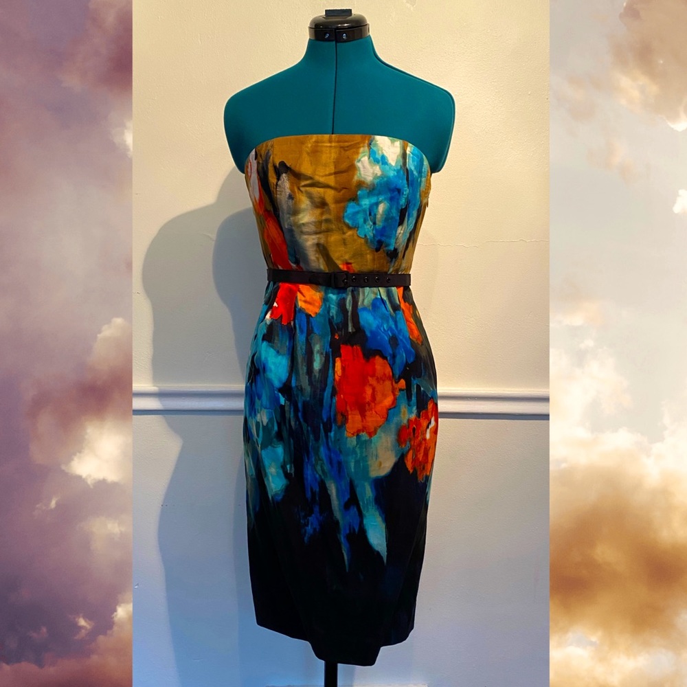 Anthropologie structured strapless watercolor midi dress